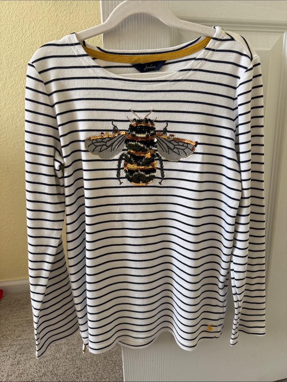 Joules White & Navy Striped Long Sleeve Top with Gold Bee Detail
